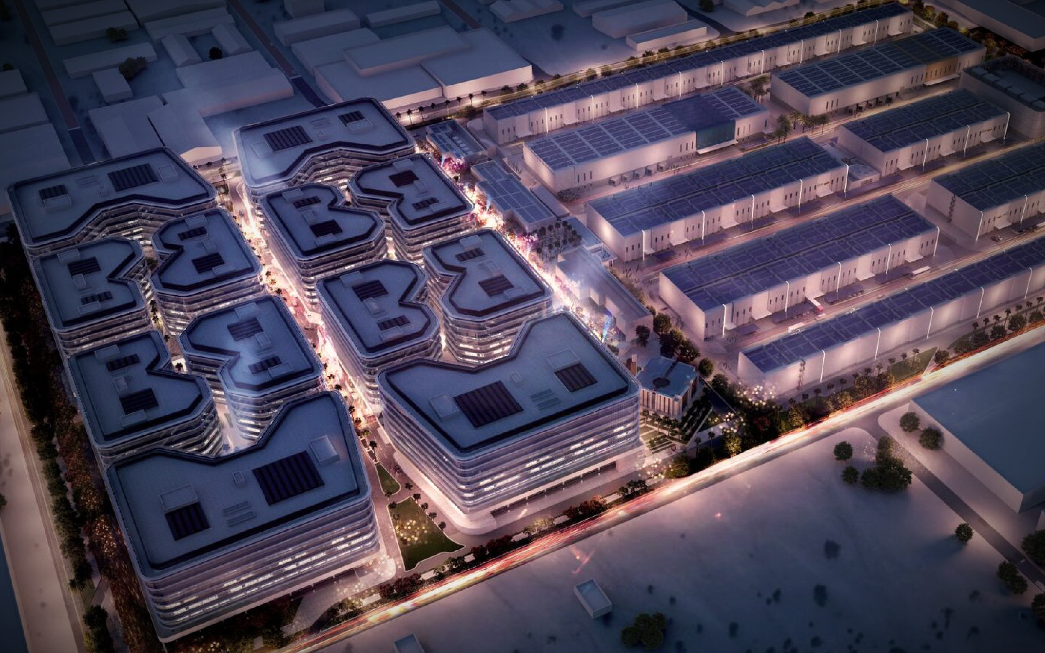Aerial view of the Dubai CommerCity masterplan at dusk