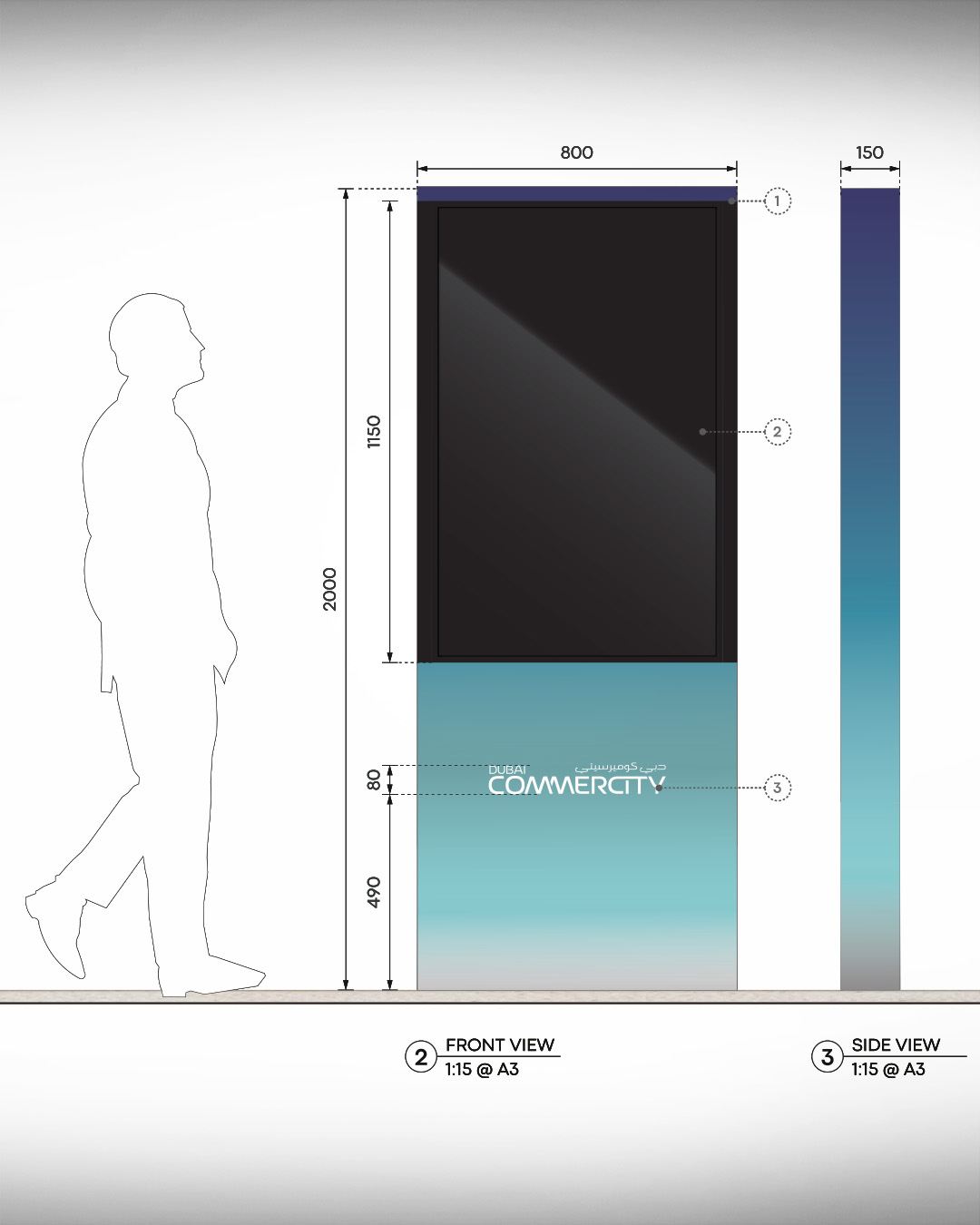 Directory sign: map directory elevation drawing with dimensions and specification notes