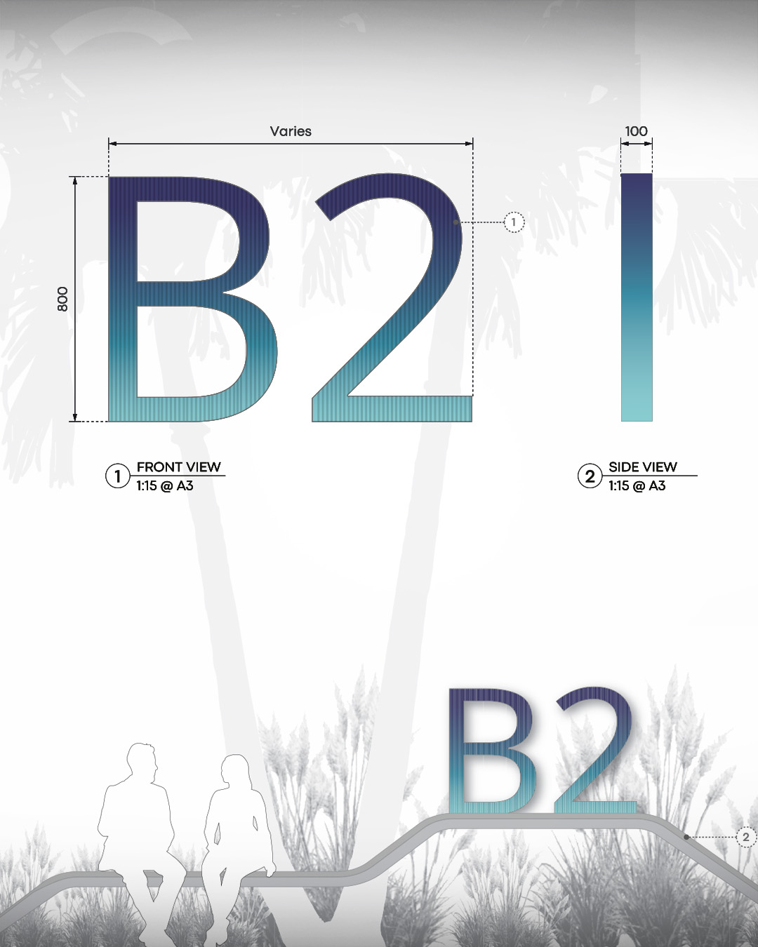 Identification sign: sculptural B2 building marker doubling as a bench