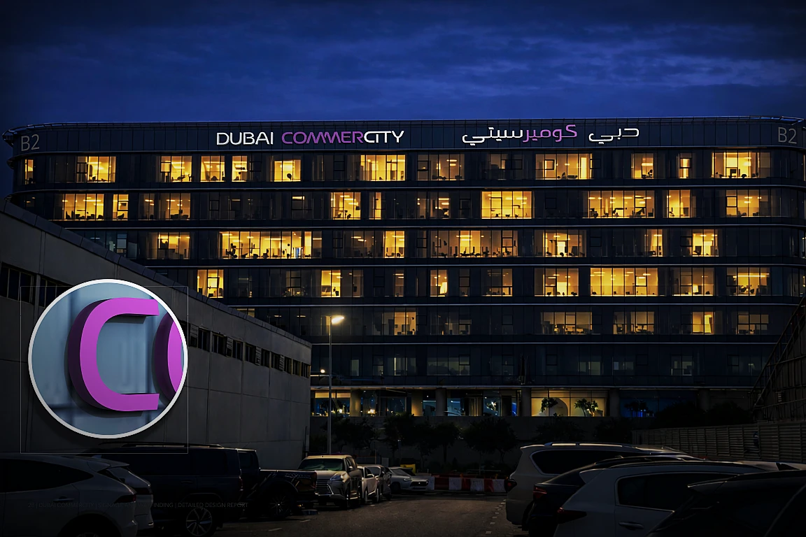 Illuminated Dubai CommerCity rooftop identification in English and Arabic on the B2 office building at night, with a close-up of the dimensional letter