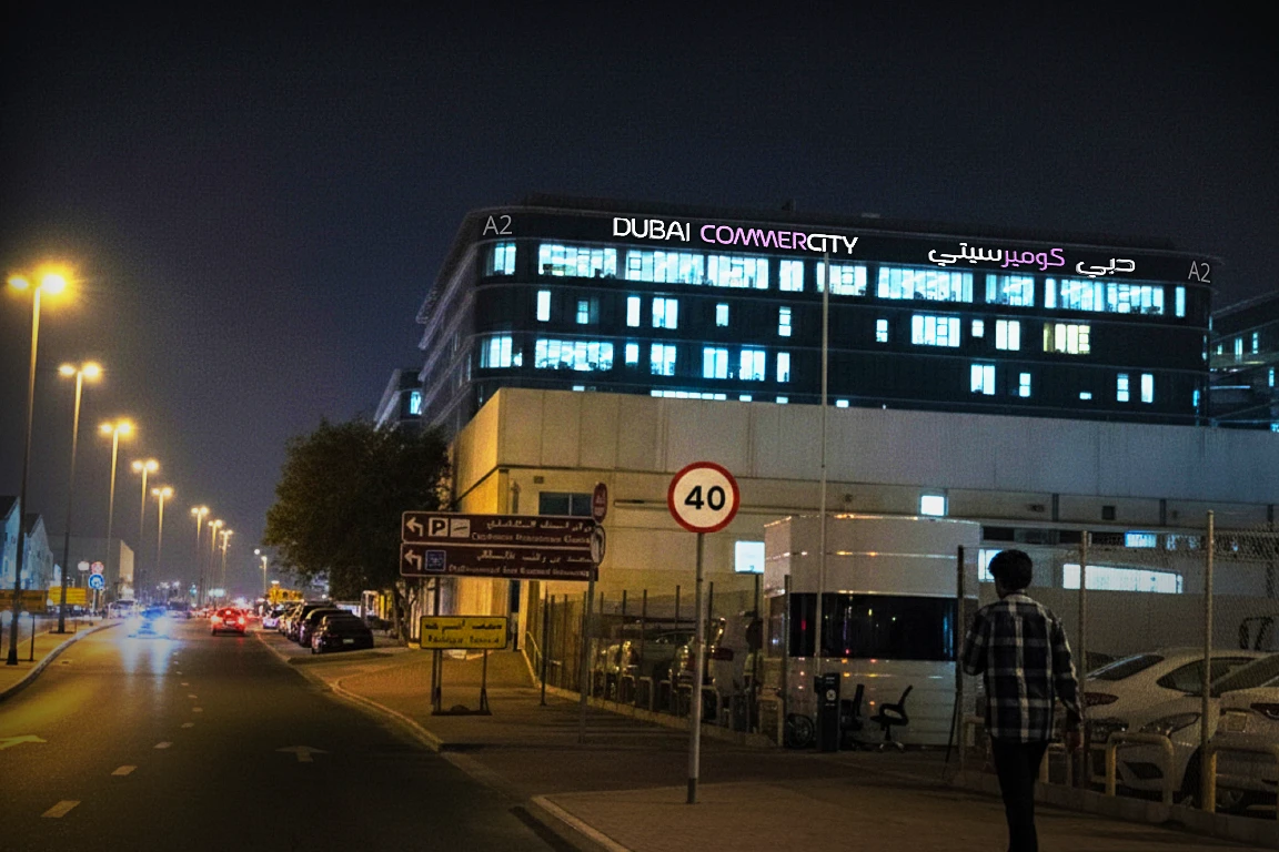 Night approach to Dubai CommerCity with roadside directional and speed-limit signage