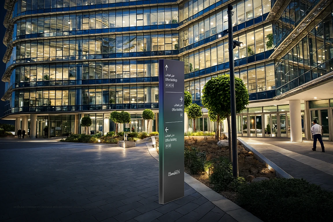 Pedestrian direction totem beside a glazed office building at night