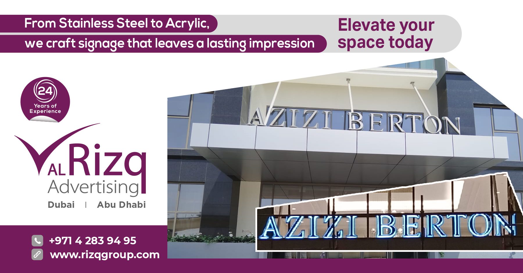 Custom sign board in Dubai by Al Rizq Advertising featuring high-quality LED