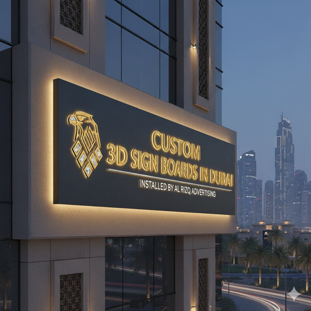 Custom 3D sign boards in Dubai installed by Al Rizq Advertising